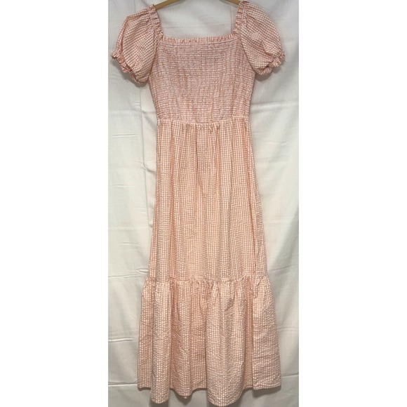Altar'd State Dresses & Skirts - Altard State Peach Orange Gingham Seersucker Midi Dress Smocked Bodice M